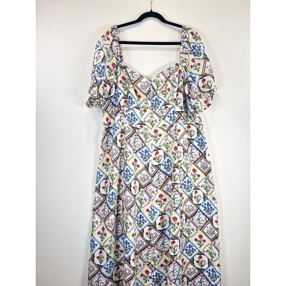 Boden Midi Dress Blue Sweetheart Linen Floral Patchwork Puff Sleeve Boho 20/22